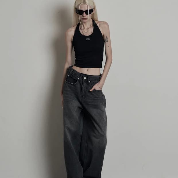 어니브 로우라이즈 와이드 데님 차콜 M