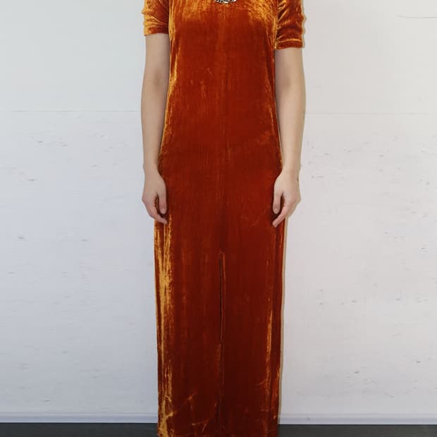 드리스 반 노튼 오렌지 벨벳 프론트 슬릿 맥시 드레스