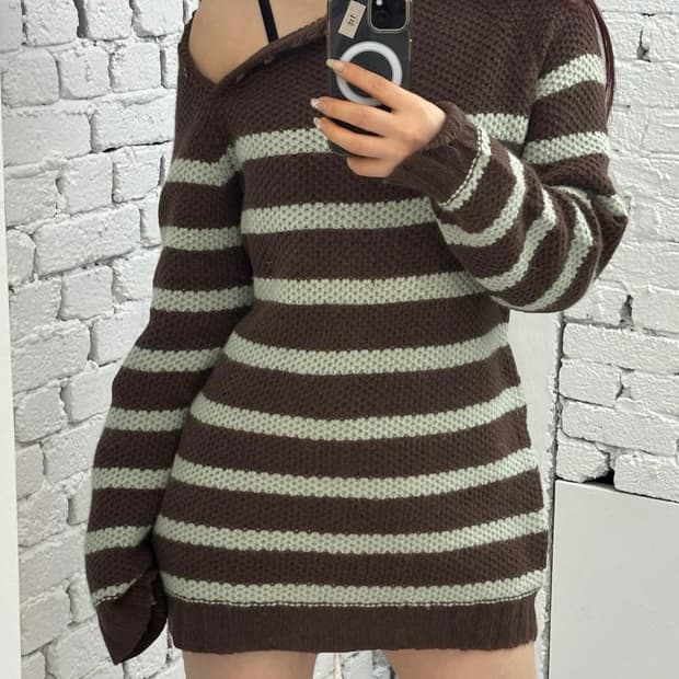 Waffle Stripe Off-Shoulder Knit Dress