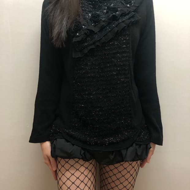 빈티지 블랙 글리터 프릴 니트