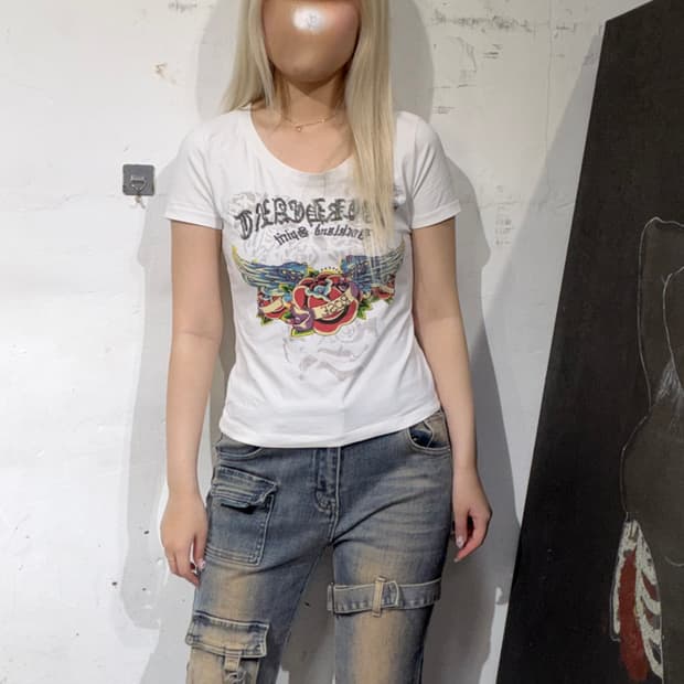 알마니 딱붙핏 y2k 화이트 프린팅 반팔 티셔츠 S