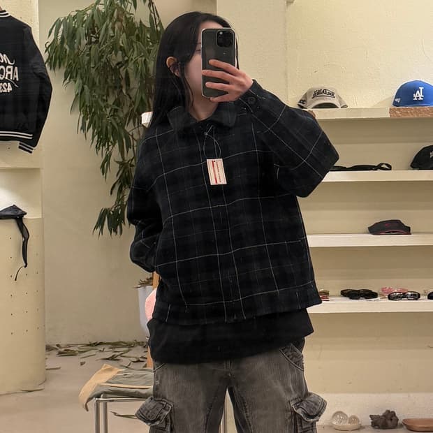 그린 체크 후드 울 자켓 U441