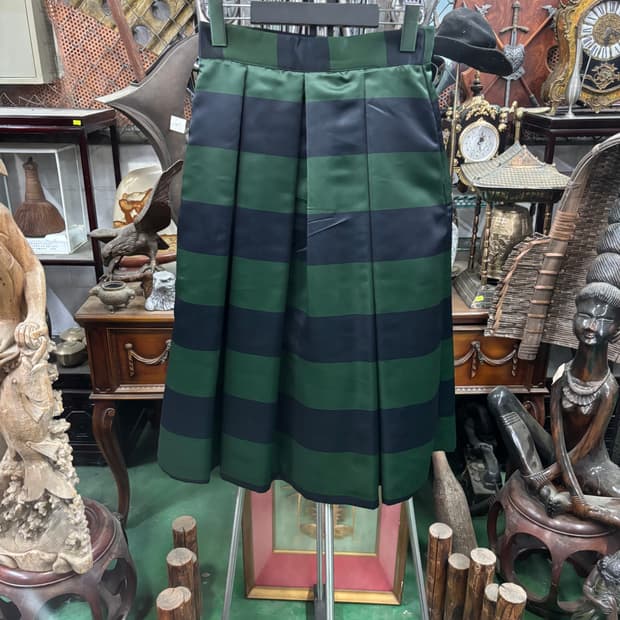 HEAVEN 그린 블랙 배색 가로 스트라이프 플리츠 스커트