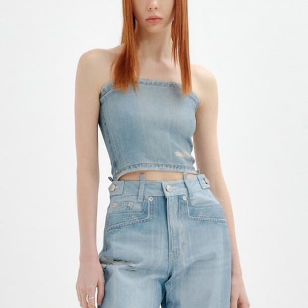 Yuse 유즈 프린트 데님 튜브탑 슬리브리스크롭연청프린팅포켓로고셋업중청청