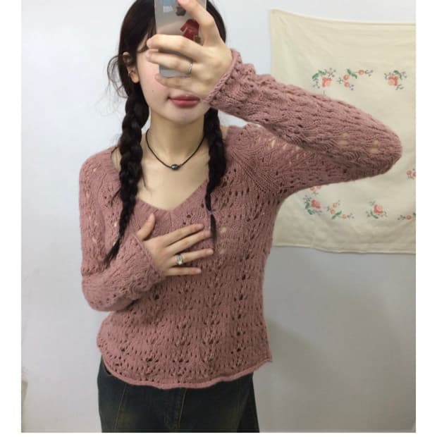 옷속무 빈티지 브이넥 핑크 니트