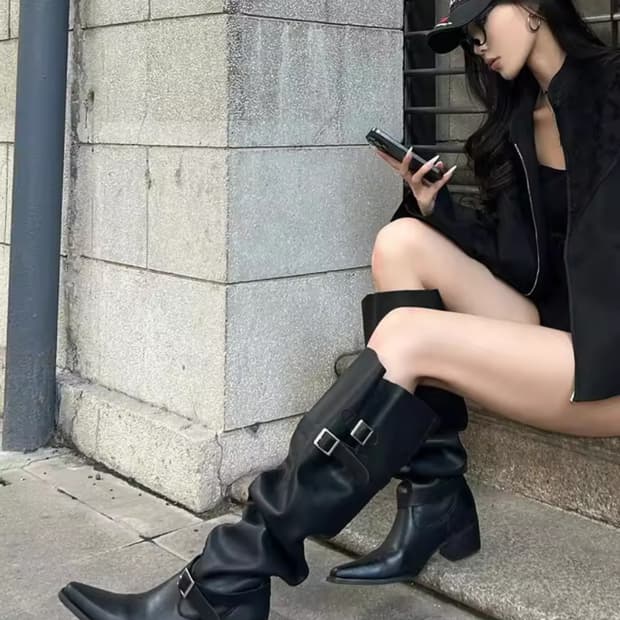 벨트 버클 스트칭 롱부츠 