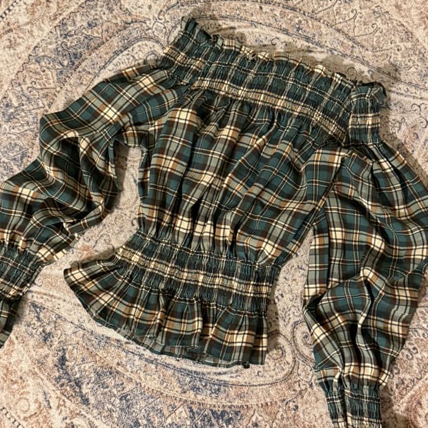 빈티지 체크 오프숄더