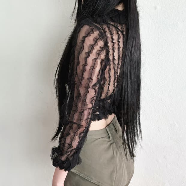 JPN VTG 셔링 스트라이프 시스루 롱슬리브
