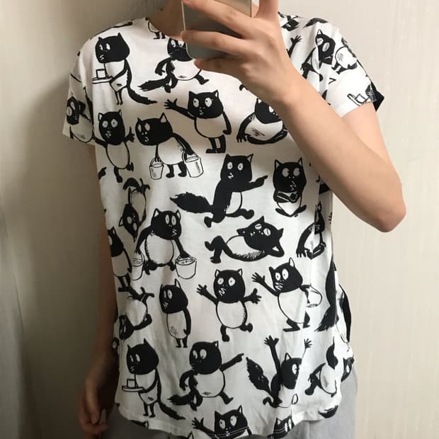 일본빈티지 모리걸 고양이 패턴 반팔 티셔츠