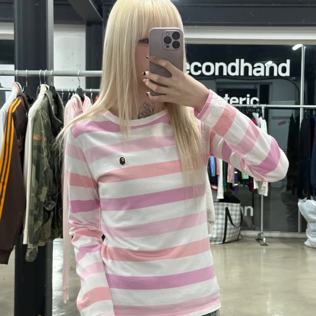  베이프 마일로 미니자수 스트라이프 핑크 긴팔 슬리브