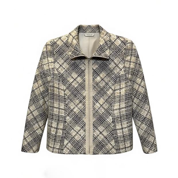 JPN VINTAGE 트위드 집업 자켓 하이넥 체크 패턴 디테일 아이보리