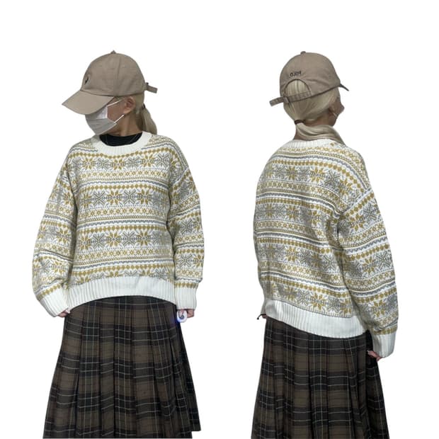 일본 빈티지 아이보리 패턴 모리걸 니트 M