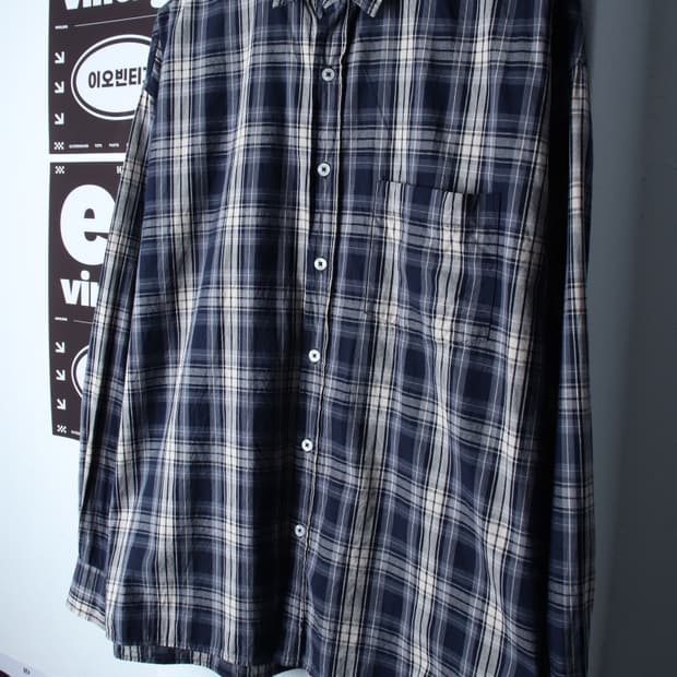 (L-XL) 후크 셔츠 남방 오버핏 체크 네이비 아메카지-H3H33958