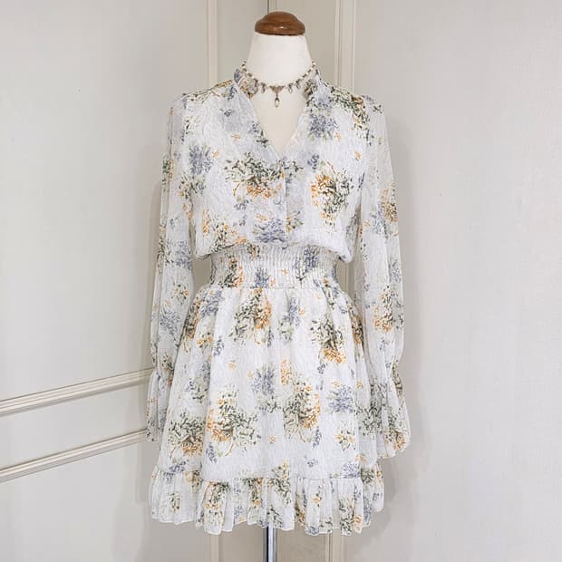 빈티지) 모리걸st 플로럴 나염 스모크 프릴 쉬폰 로맨틱 미니 원피스