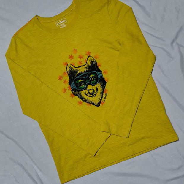 (L.L.Bean/XL) 키즈 롱 슬리브 티셔츠 - 스키 고글 울프 옐로