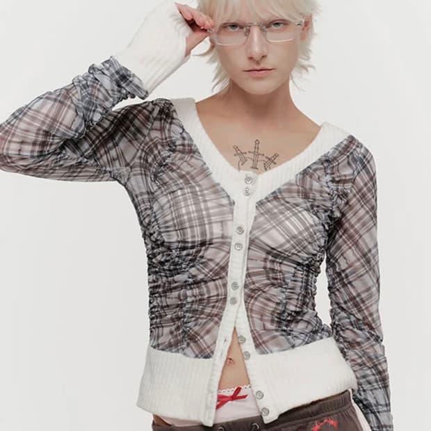 VIKA PLAID MESH CARDIGAN (GREY)