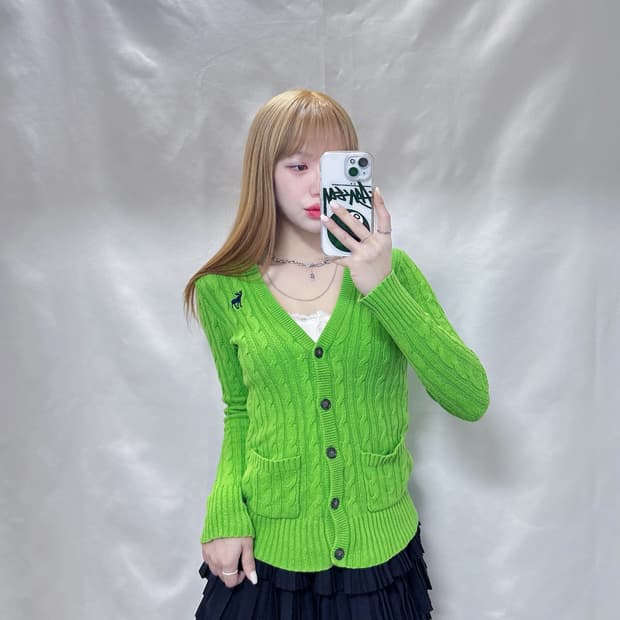 아베크롬비 페일그린 자수로고 꽈배기 가디건 