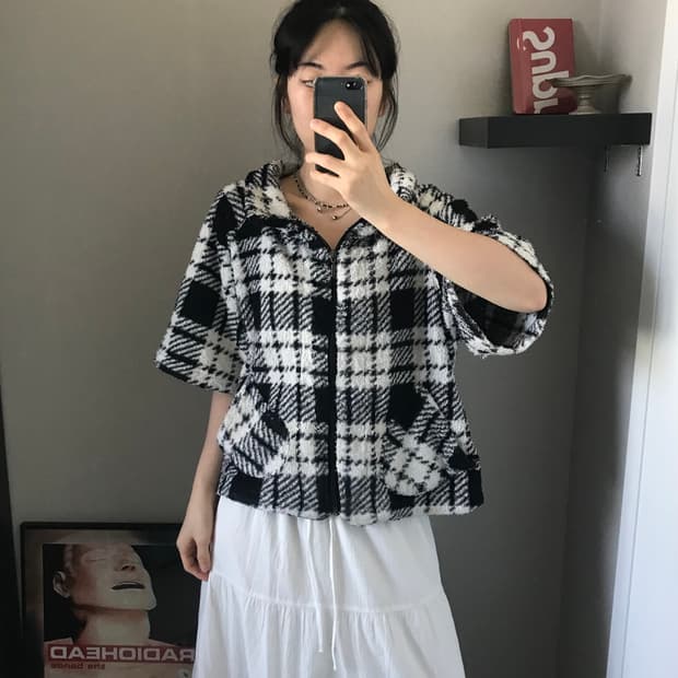 JPN 타단체크 반팔 플리스 집업