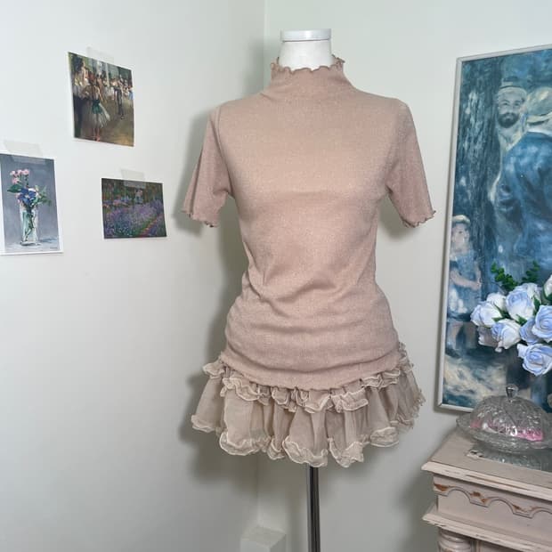 sheer pink glitter slim turtle span top