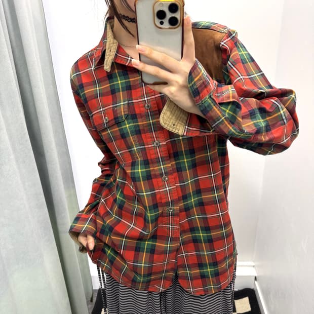 폴로 오렌지 체크 레더탭 셔츠