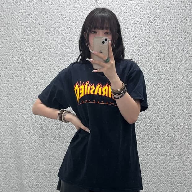 트레셔 빈티지 스트릿 펑크 불꽃로고 반팔티 L C11305