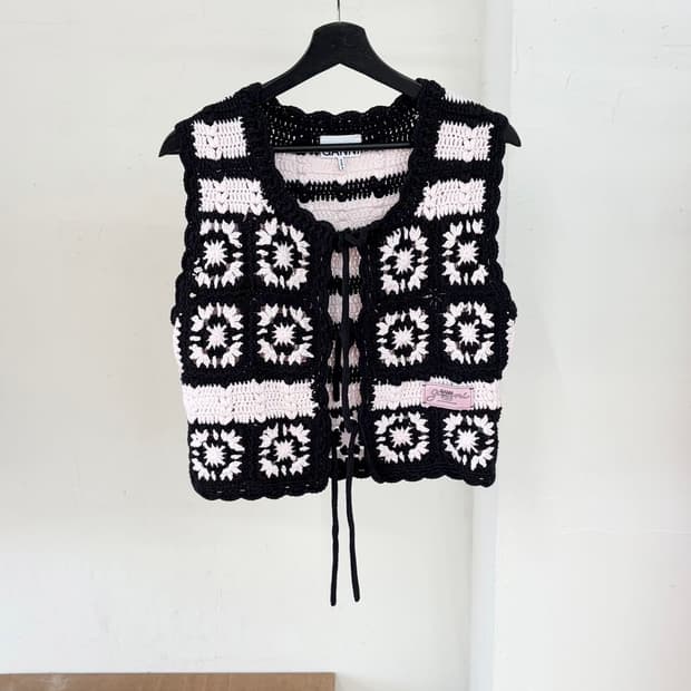 가니 블랙 핑크 소프트 코튼 크로셰 베스트 