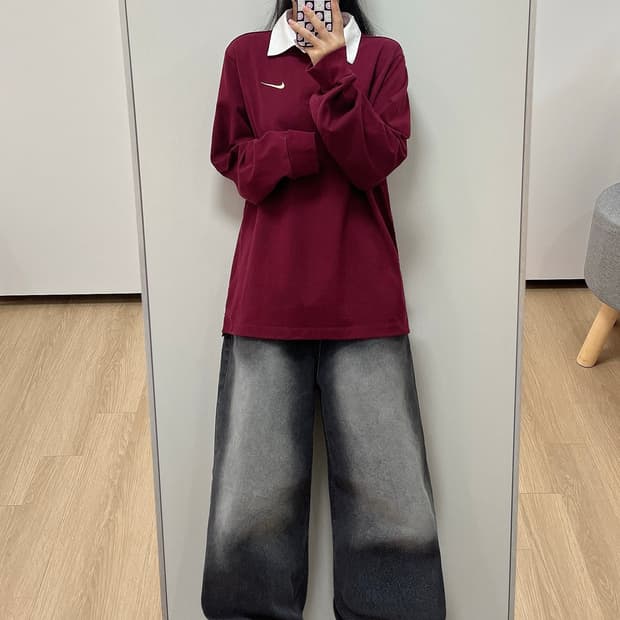 나이키 스우시 자수로고 버건디 럭비 티셔츠