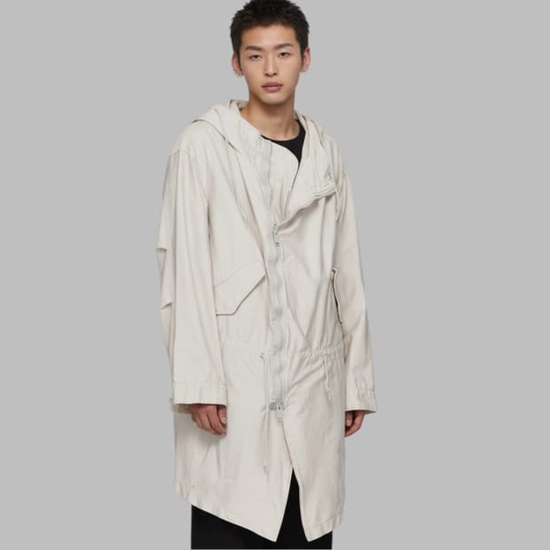 언더커버 베이지 사선 비대칭 드로스트링 후디코트