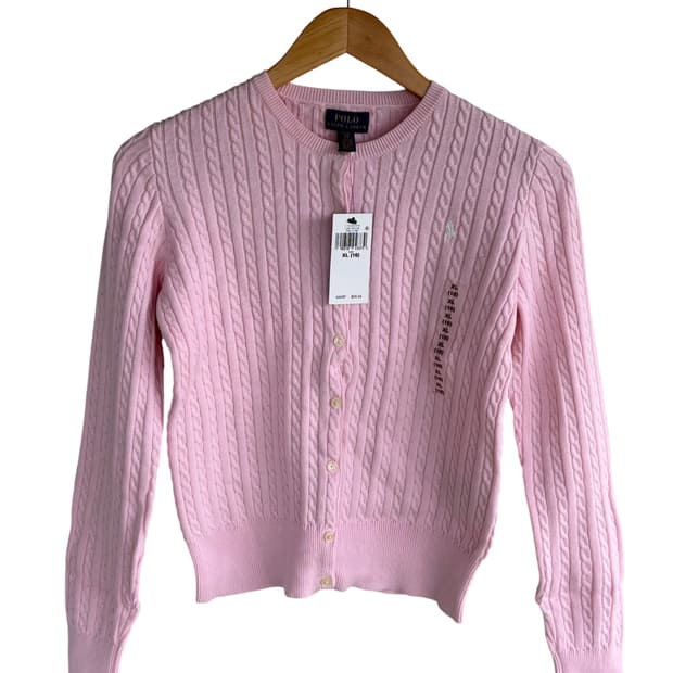 (새제품) 폴로 걸즈 꽈배기 핑크 가디건 XL