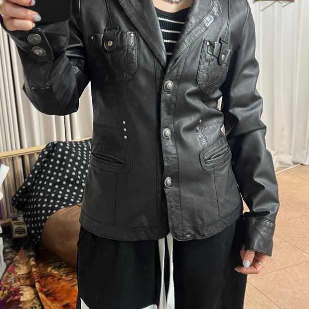빈티지 여성 멀티포켓 가죽 블레이저 자켓