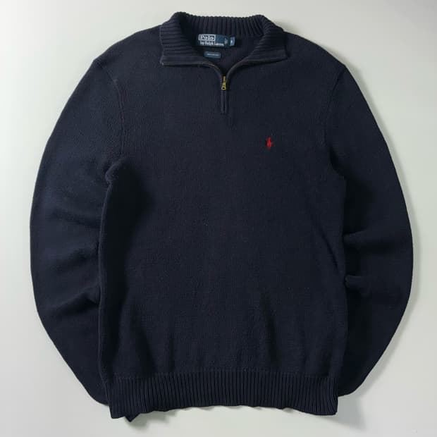 Polo  폴로 랄프로렌 90,s 자수 코튼 네이비 반집업 니트