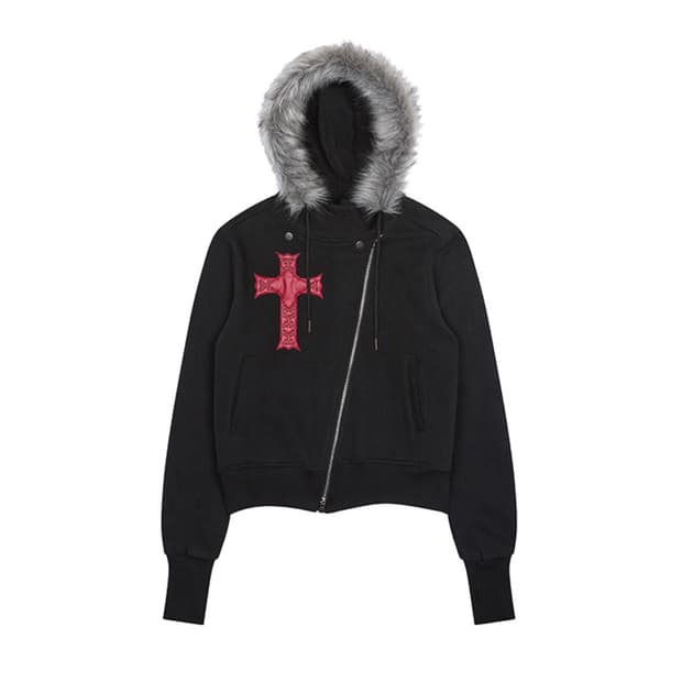 러브이즈트루 FUR UNBALANCE HOOD ZIP UP BLACK