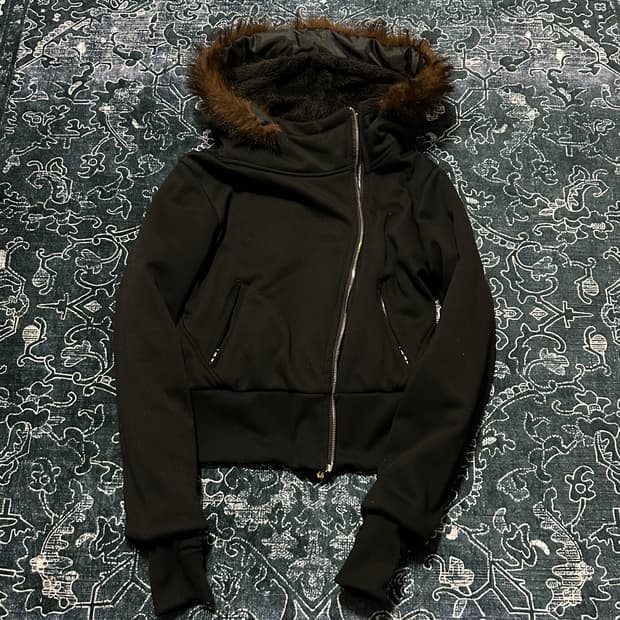 Vkei asymmetrical short fur hood zipup