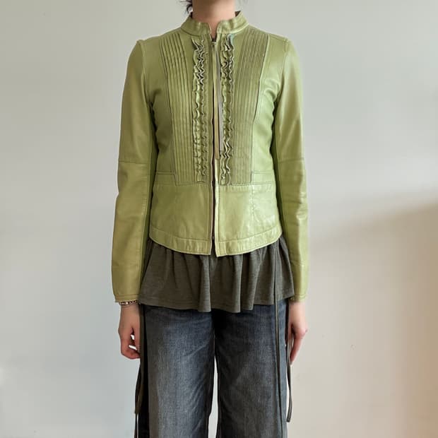 Frill & Pin-tuck Detailed Leather Jacket