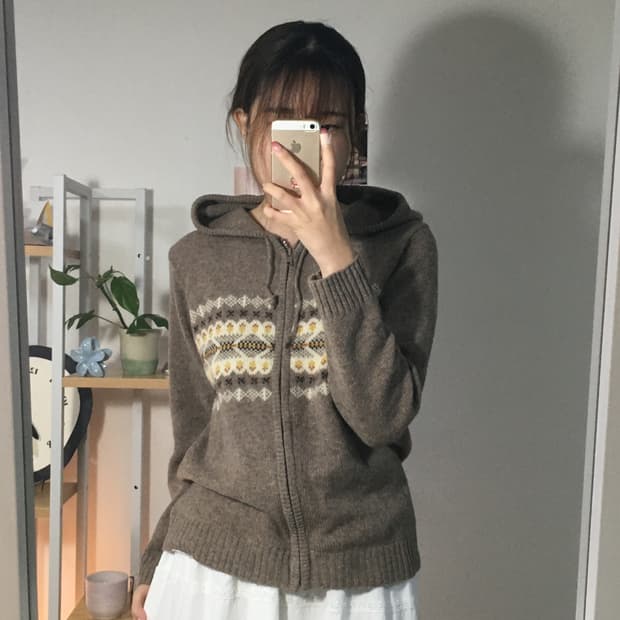 울 브라운 노르딕 니트후드집업