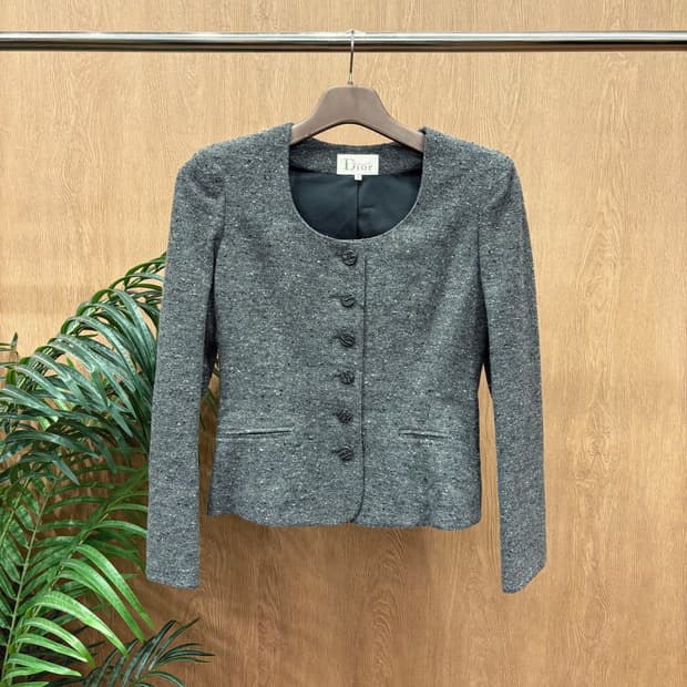 크리스찬 디올 노카라 멜란지 트위드 자켓 사이드 슬릿 포켓 디테일 차콜