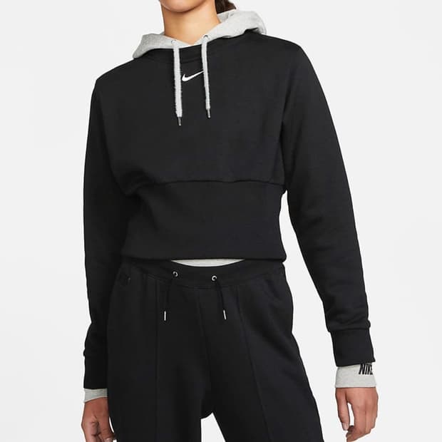 [새상품]나이키 미니 스우시 크롭 밴딩 플리스 숏 후드티 블랙 그레이