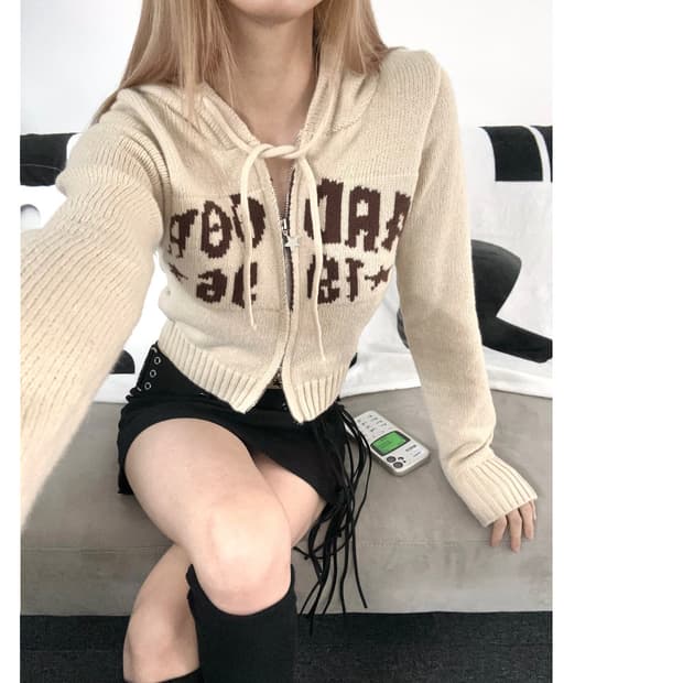 y2k crop knit hoodie zip-up