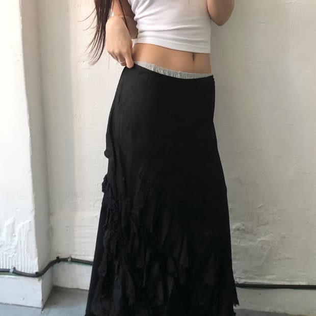 꼼데가르송 트리콧 큐프라 블랙 프릴 롱 스커트