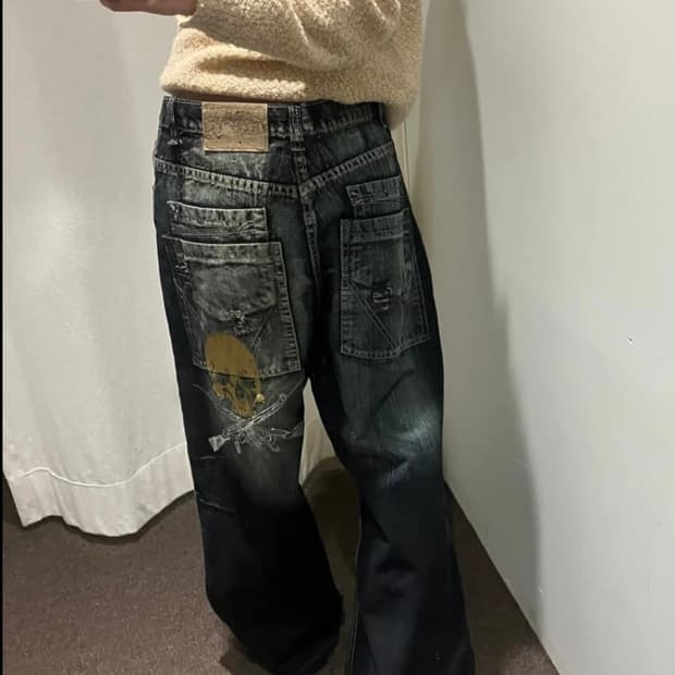 Hanwel Jeans 흑청 해골 데님 워싱팬츠