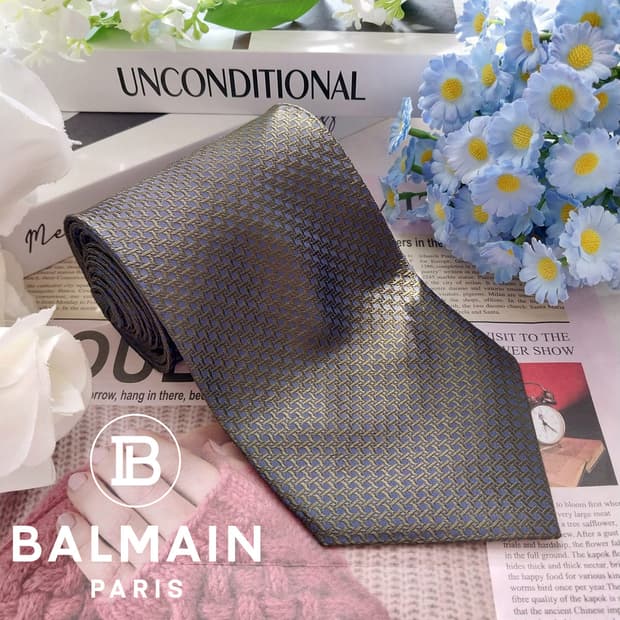 BALMAIN 발망 실크 다크그린 패턴 넥타이 10cm A등급 K2352