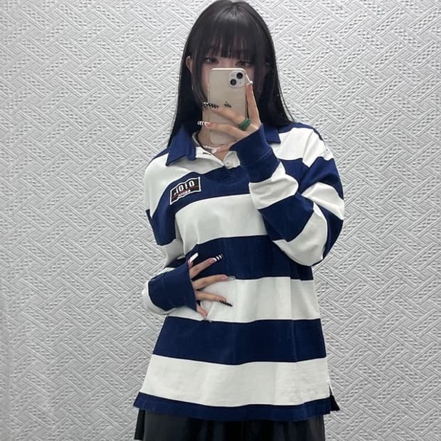 오아이오아이 레트로 00's 스트라이프 카라 롱슬리브 F C10272