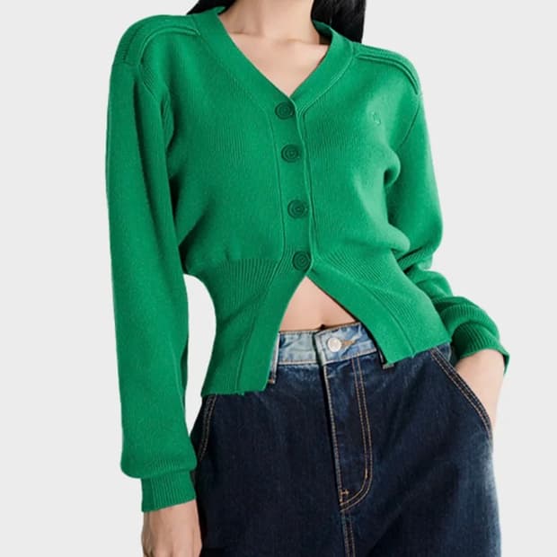 AVANDRESS Balloon Ribbed Cardigan (Green