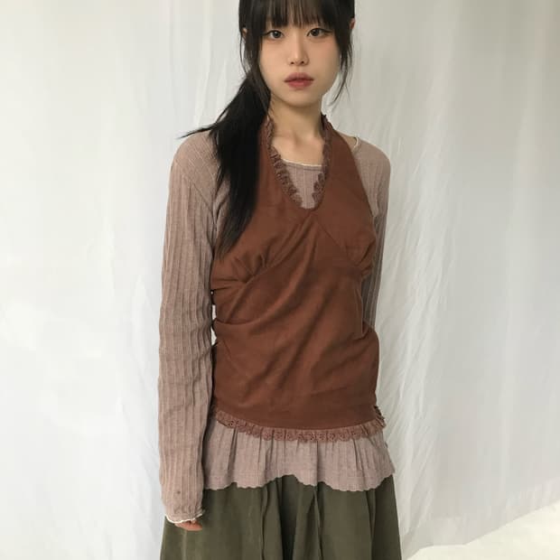 브라운 스웨이드 레이스 홀터넥