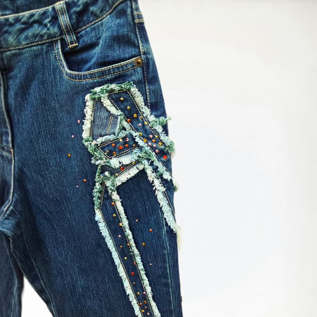 y2k 큐빅 프린지 리본 부츠컷 데님 Bow&Crystal Jeans