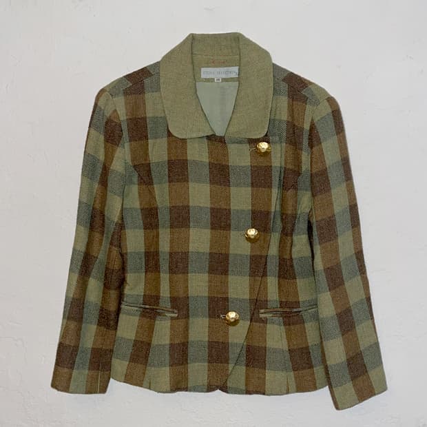 골드버튼 체크 여자 울자켓