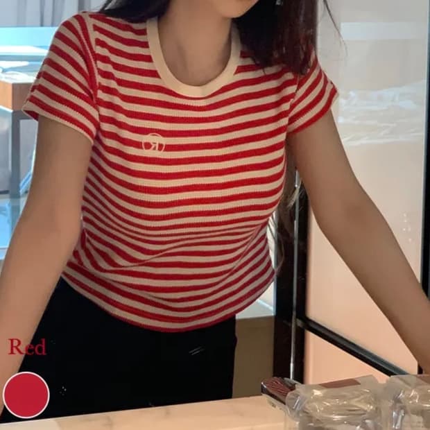 영앤리치 스트라이프 반팔티 레드