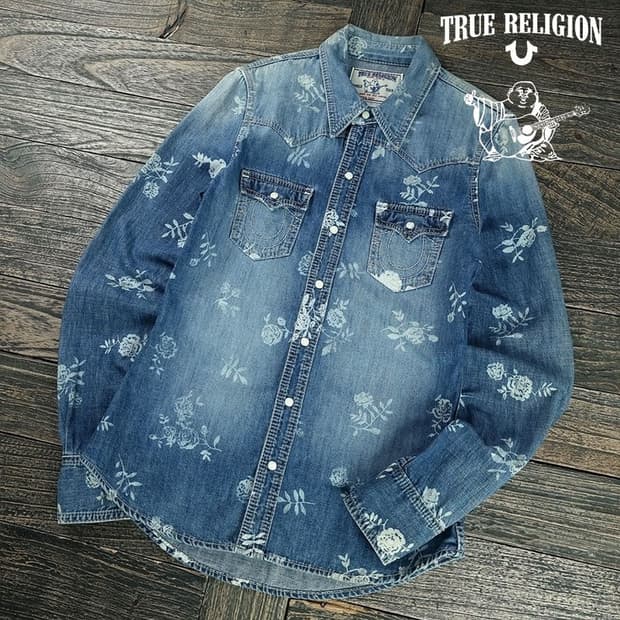 [트루릴리전] 플라워 패턴 워시드 슬림핏 데님 셔츠 M19893