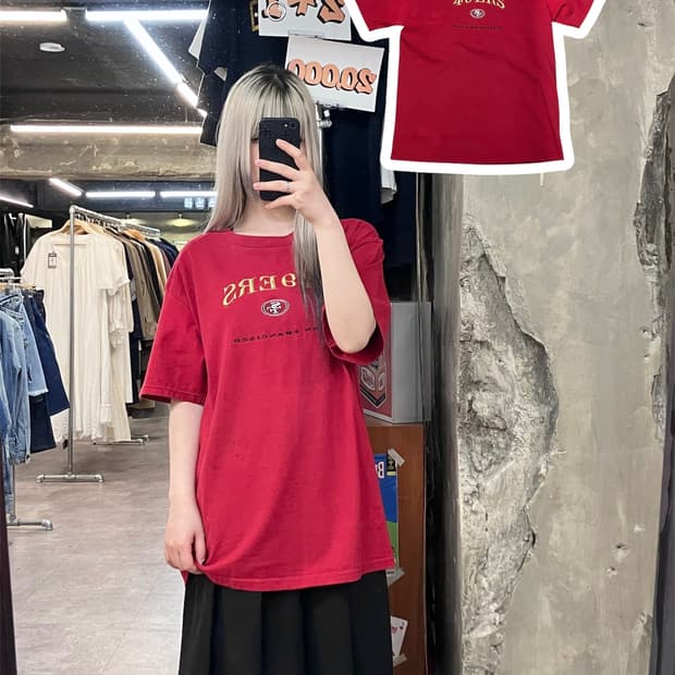 Lee 자수 반팔 티셔츠 레드 L  #csz3894 