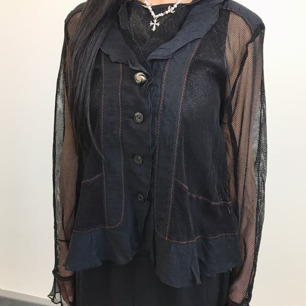  Vintage Black Sheer Crinkle Top